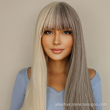 Wholesale Golden and Gray Wig With Bangs Long Straight Synthetic Women's Hair Two-Color Half-Gray Half-Gold Wig Cosplay Party